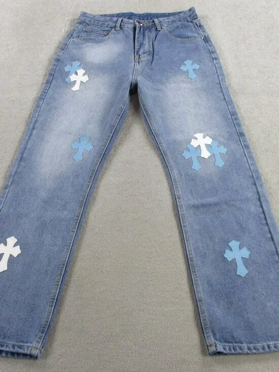 Mens Streetwear Jeans Size 30 Blue Denim Cross Logo Embroidered Luxury Grunge - Picture 1 of 11